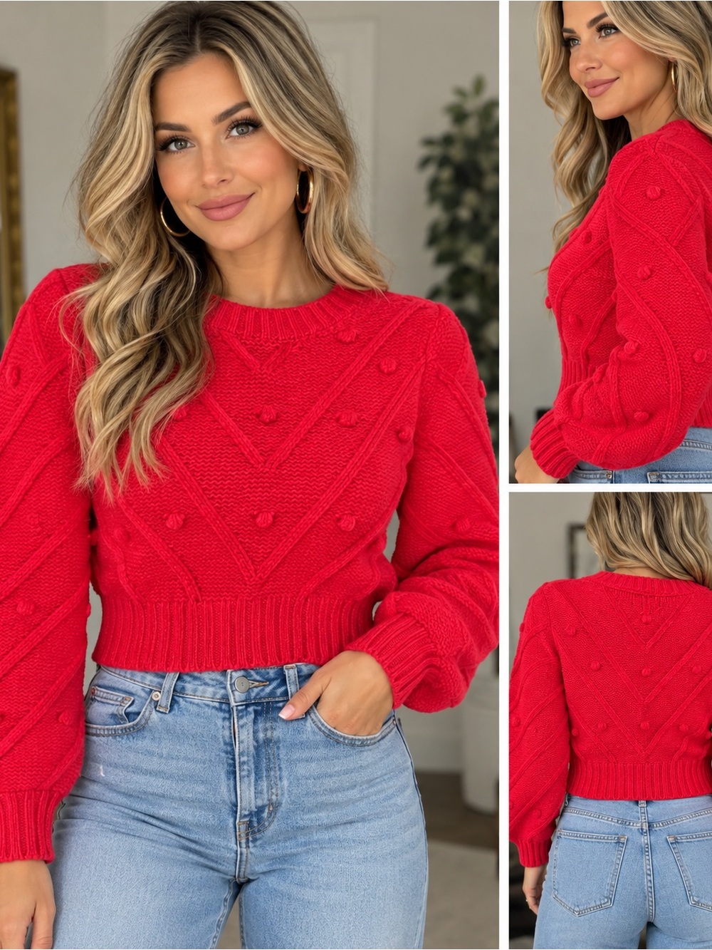 SO Vibrant Red Pom-Pom Textured Crew Neck Sweater